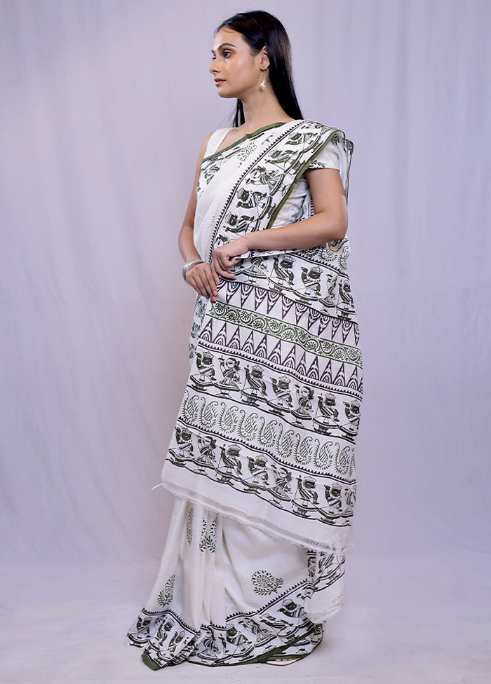 White Printed Pure Silk Saree With Blouse Piece - Indian Silk House Agencies