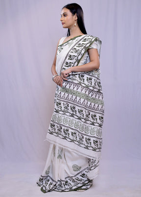 White Printed Pure Silk Saree With Blouse Piece - Indian Silk House Agencies