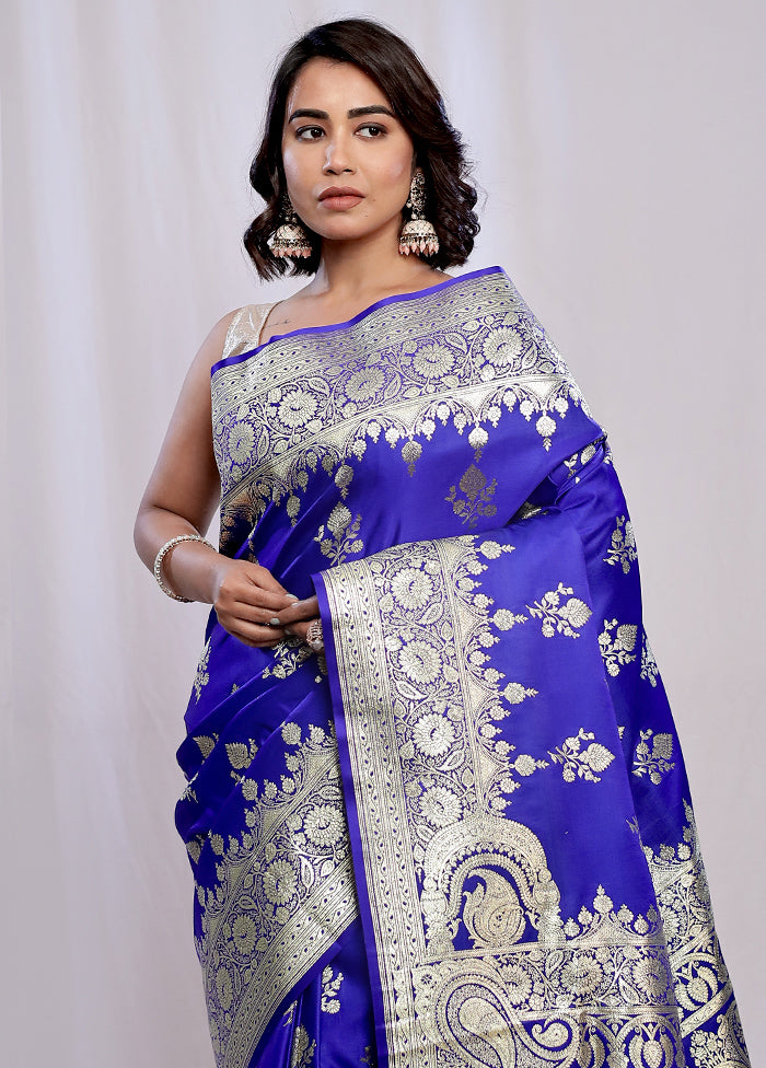 Blue Banarasi Silk Saree With Blouse Piece - Indian Silk House Agencies