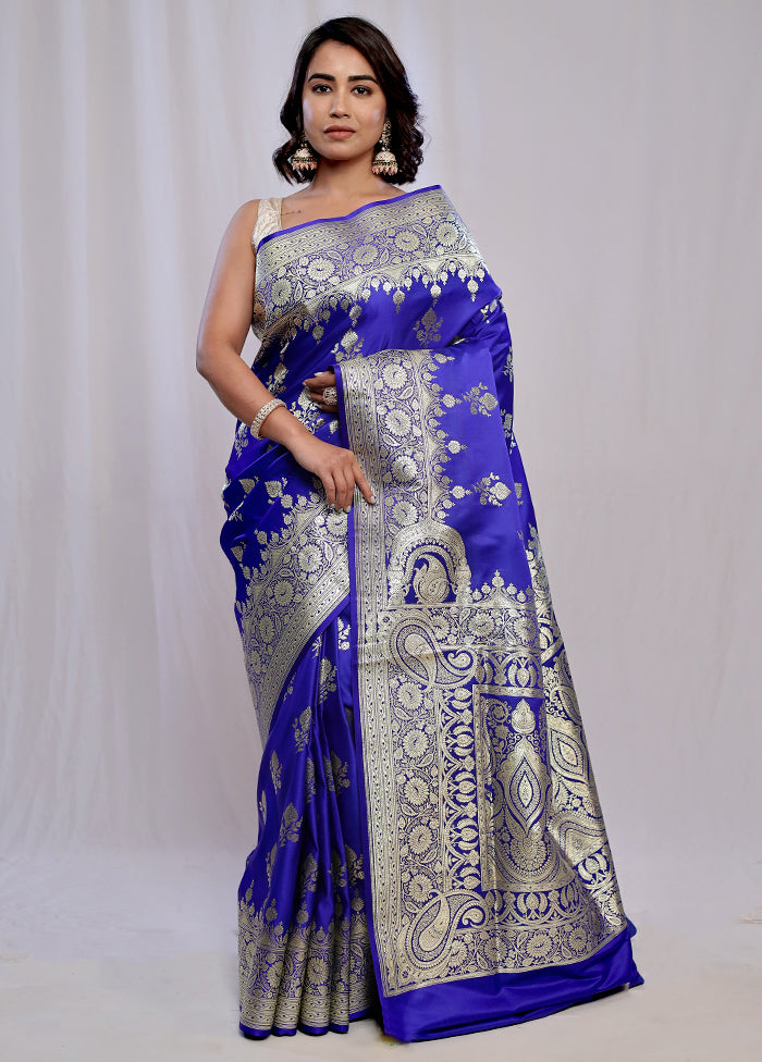 Blue Banarasi Silk Saree With Blouse Piece - Indian Silk House Agencies