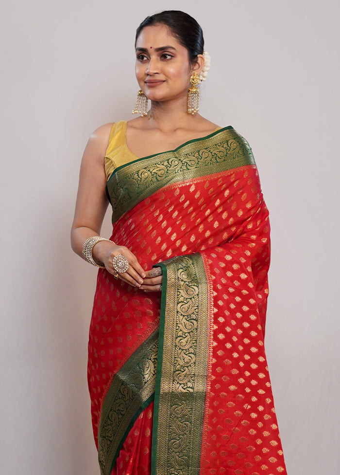 Red Dupion Silk Saree With Blouse Piece - Indian Silk House Agencies