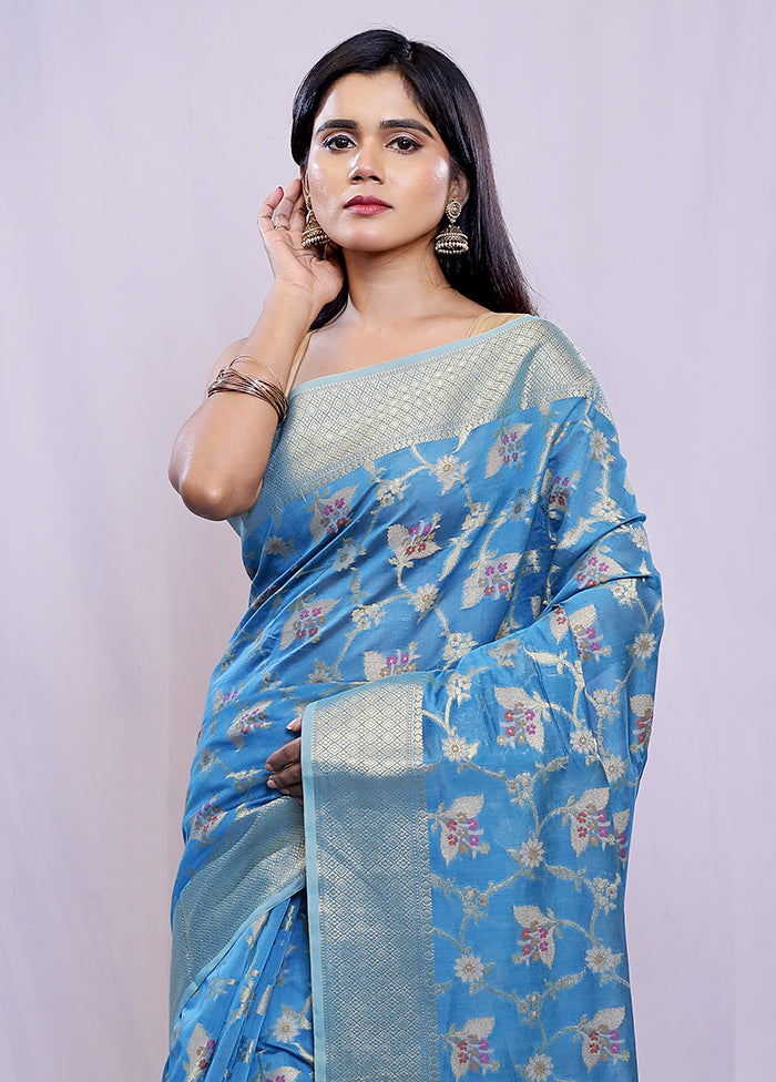 Blue Kora Silk Saree With Blouse Piece - Indian Silk House Agencies