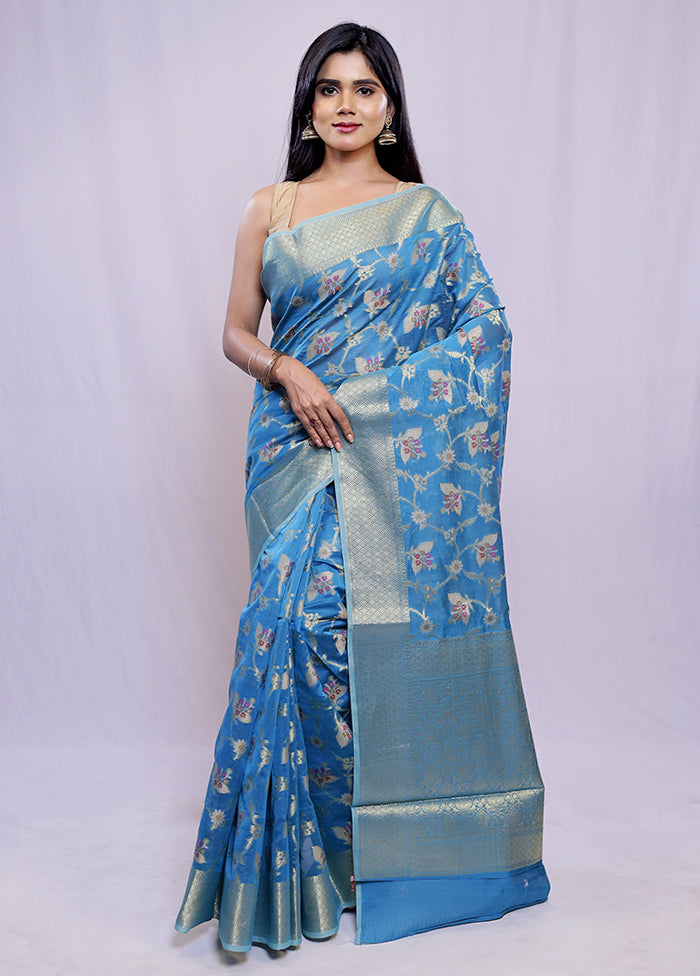 Blue Kora Silk Saree With Blouse Piece - Indian Silk House Agencies