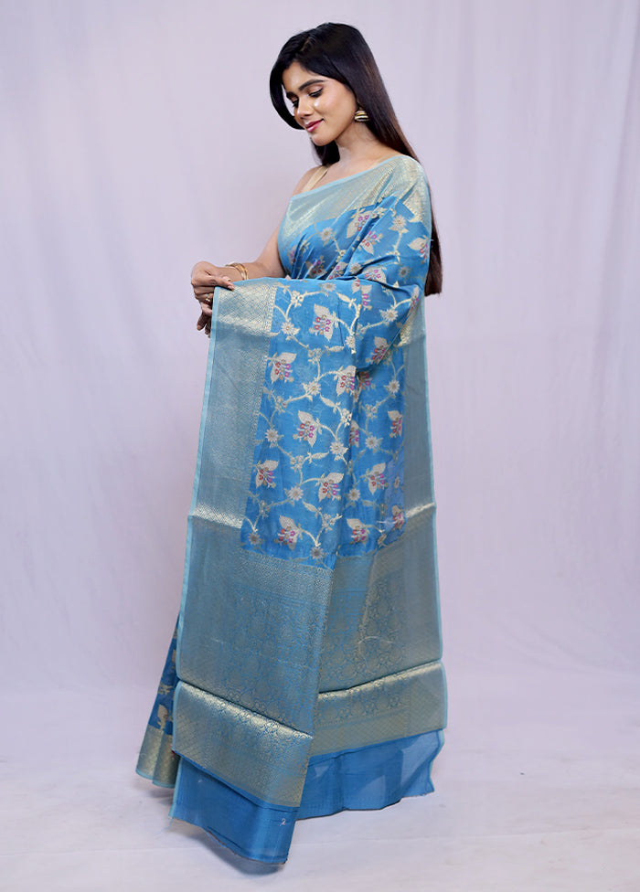 Blue Kora Silk Saree With Blouse Piece - Indian Silk House Agencies