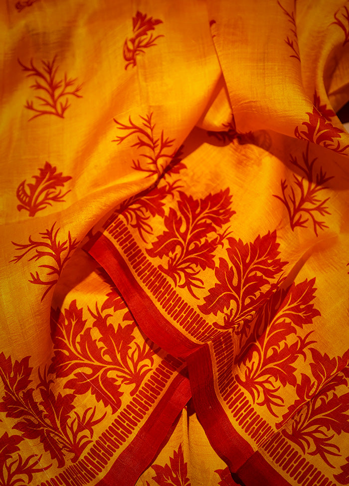 Yellow Printed Silk Saree Without Blouse Piece - Indian Silk House Agencies