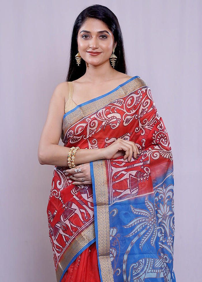 Red Printed Pure Silk Saree With Blouse Piece - Indian Silk House Agencies