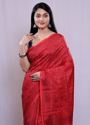 Red Printed Pure Silk Saree With Blouse Piece - Indian Silk House Agencies