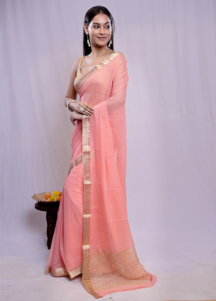 Pink Chiffon Silk Saree With Blouse Piece - Indian Silk House Agencies