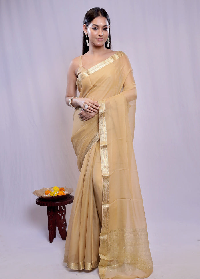 Cream Chiffon Silk Saree With Blouse Piece - Indian Silk House Agencies