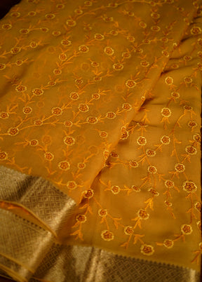 Yellow Chiffon Pure Silk Saree With Blouse Piece - Indian Silk House Agencies