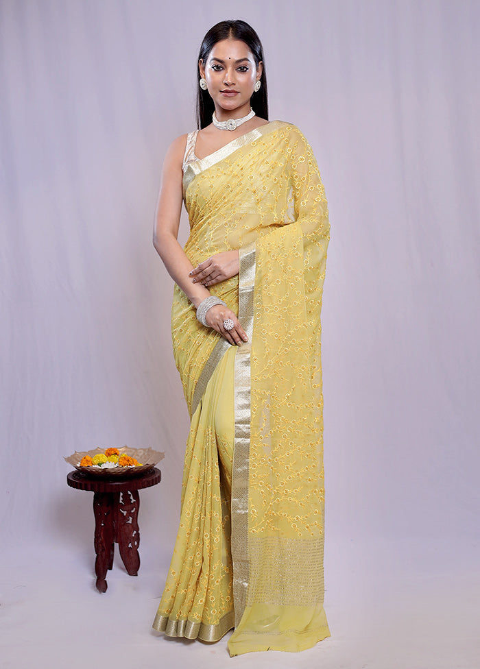 Yellow Chiffon Pure Silk Saree With Blouse Piece - Indian Silk House Agencies