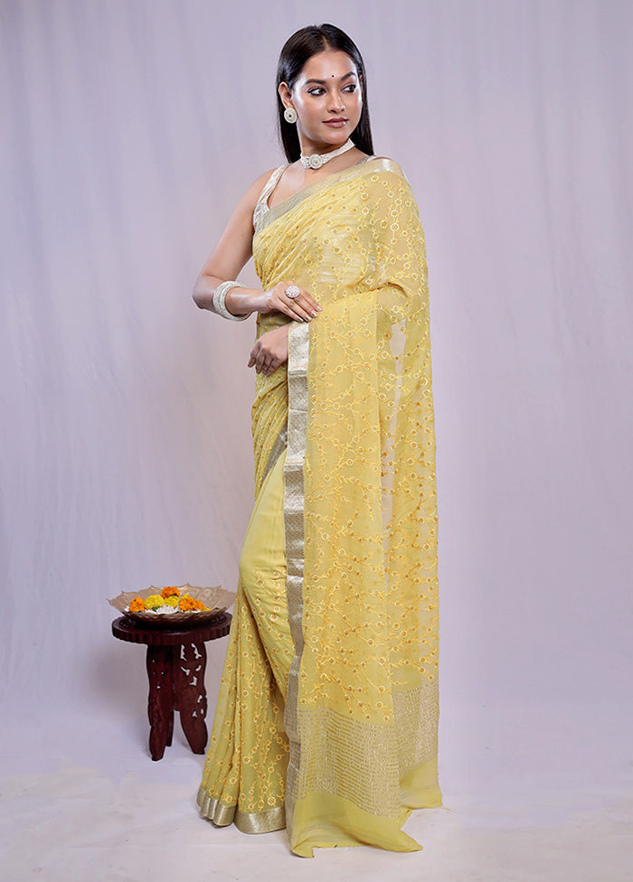 Yellow Chiffon Pure Silk Saree With Blouse Piece - Indian Silk House Agencies