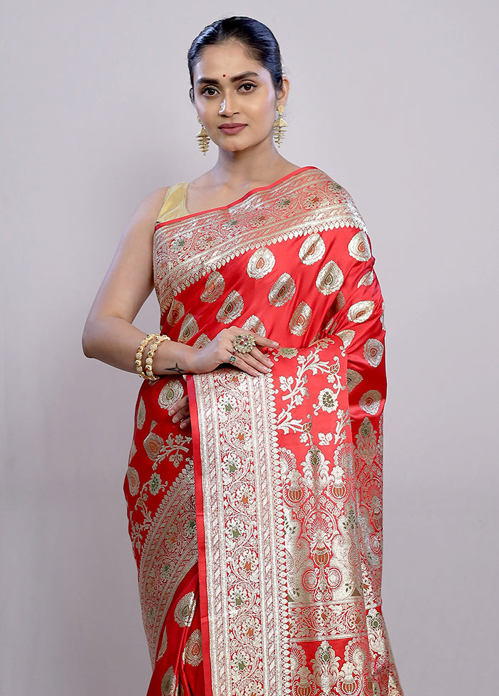 Red Banarasi Silk Saree With Blouse Piece - Indian Silk House Agencies