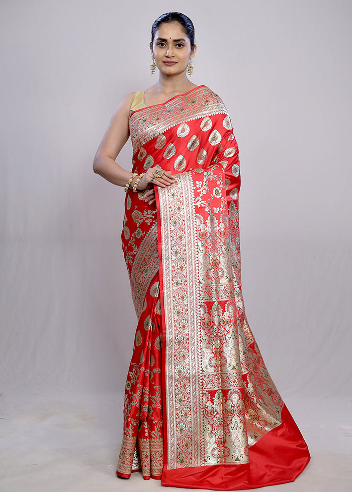 Red Banarasi Silk Saree With Blouse Piece - Indian Silk House Agencies