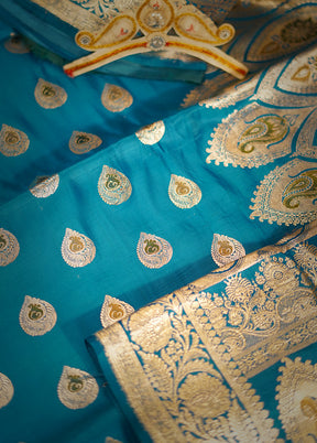 Blue Banarasi Pure Silk Saree With Blouse Piece - Indian Silk House Agencies