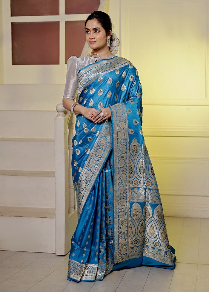 Blue Banarasi Pure Silk Saree With Blouse Piece - Indian Silk House Agencies