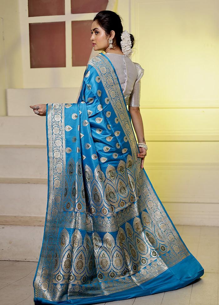 Blue Banarasi Pure Silk Saree With Blouse Piece - Indian Silk House Agencies