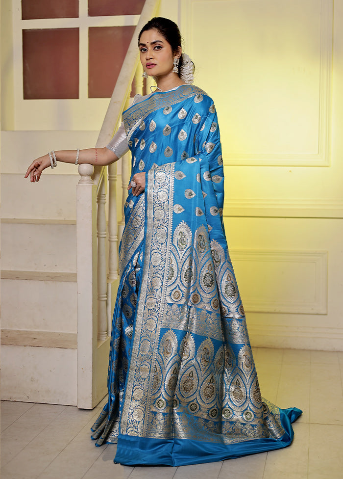 Blue Banarasi Pure Silk Saree With Blouse Piece - Indian Silk House Agencies