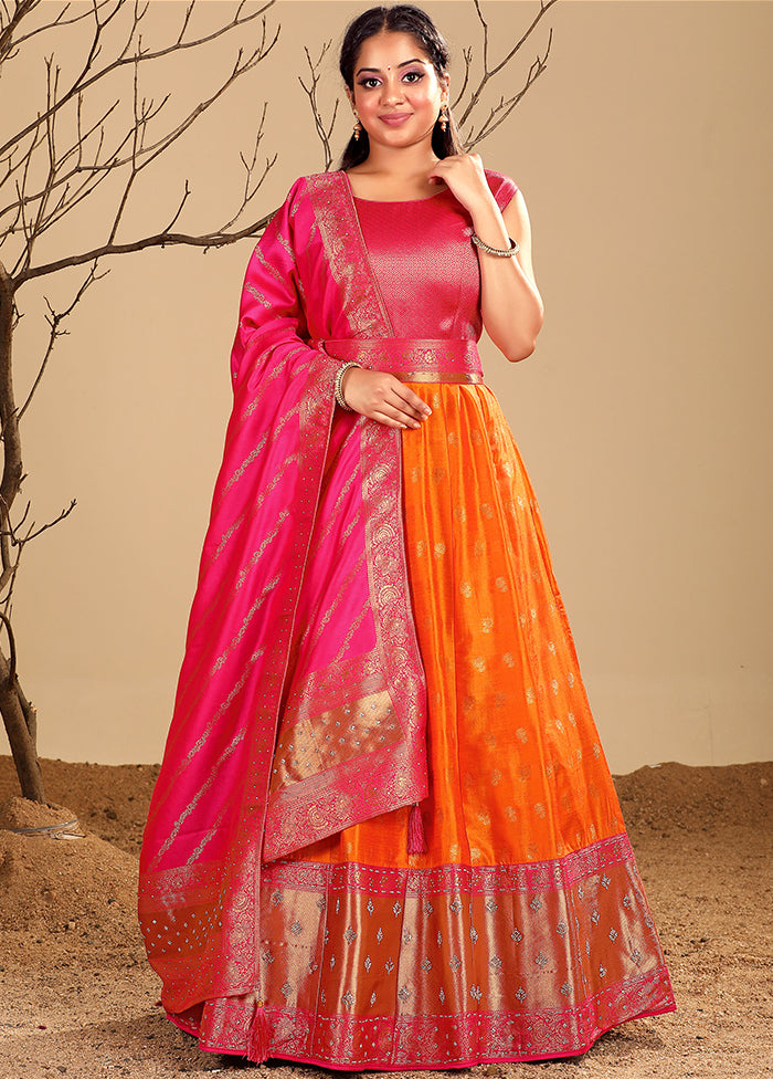 2 pc Orange Readymade Silk Gown Set - Indian Silk House Agencies