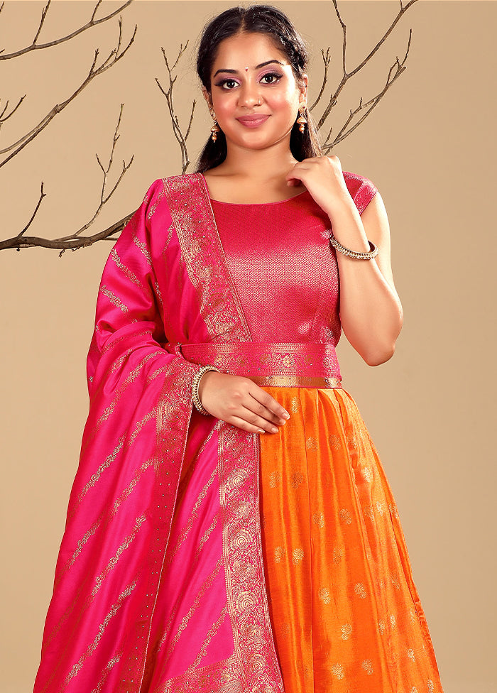 2 pc Orange Readymade Silk Gown Set - Indian Silk House Agencies