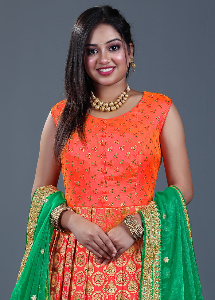 2 pc Orange Readymade Silk Gown Set - Indian Silk House Agencies