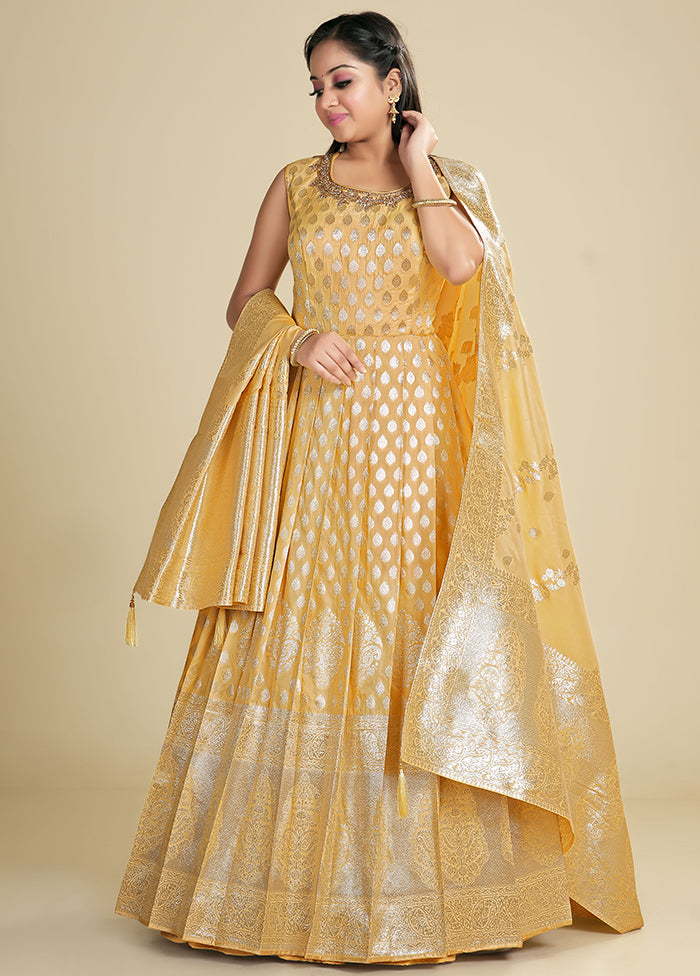 2 pc Light Yellow Readymade Silk Gown Set - Indian Silk House Agencies