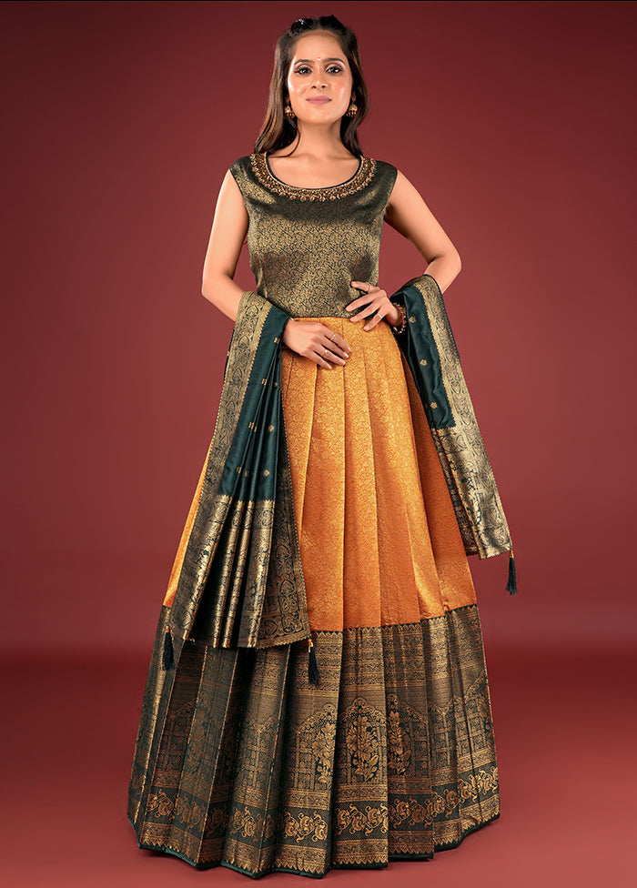 2 pc Gold Readymade Silk Gown Set - Indian Silk House Agencies