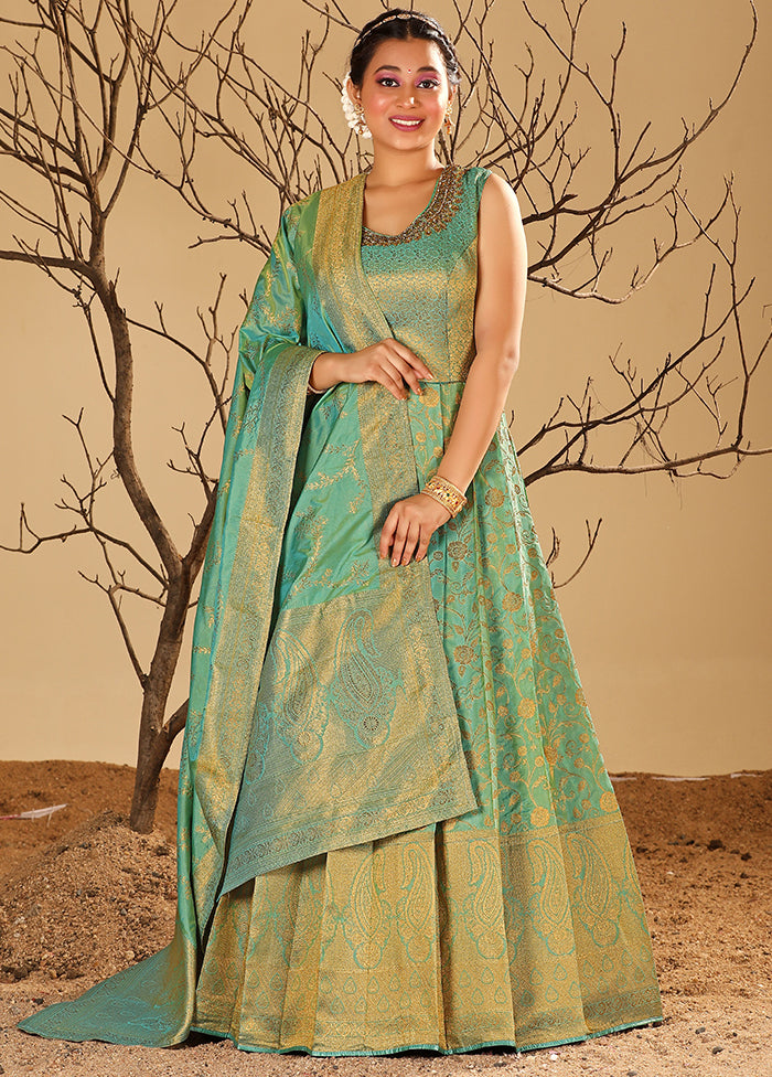 2 pc Green Readymade Silk Gown Set - Indian Silk House Agencies