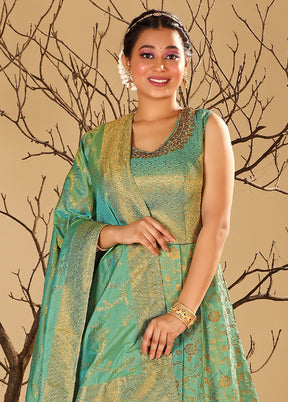 2 pc Green Readymade Silk Gown Set - Indian Silk House Agencies