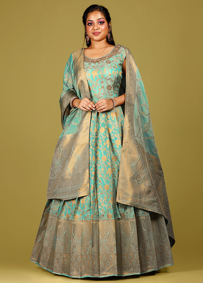 2 pc Sea Green Readymade Silk Gown Set - Indian Silk House Agencies