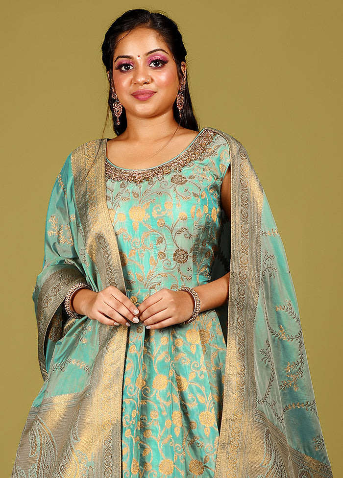 2 pc Sea Green Readymade Silk Gown Set - Indian Silk House Agencies