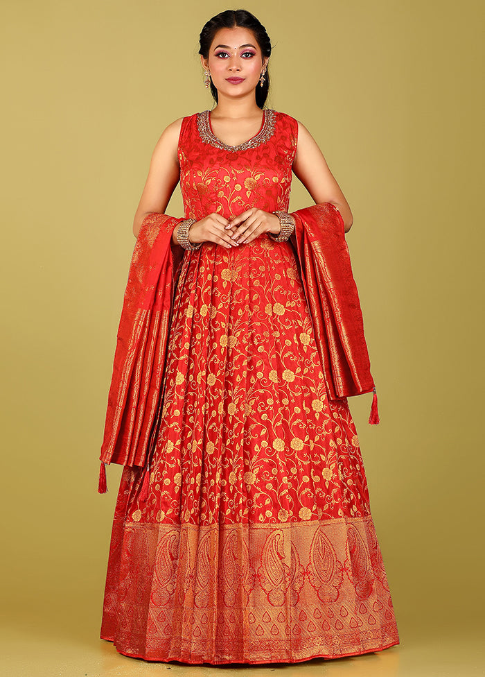 2 pc Red Readymade Silk Gown Set - Indian Silk House Agencies