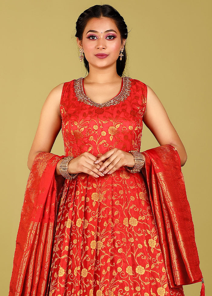 2 pc Red Readymade Silk Gown Set - Indian Silk House Agencies
