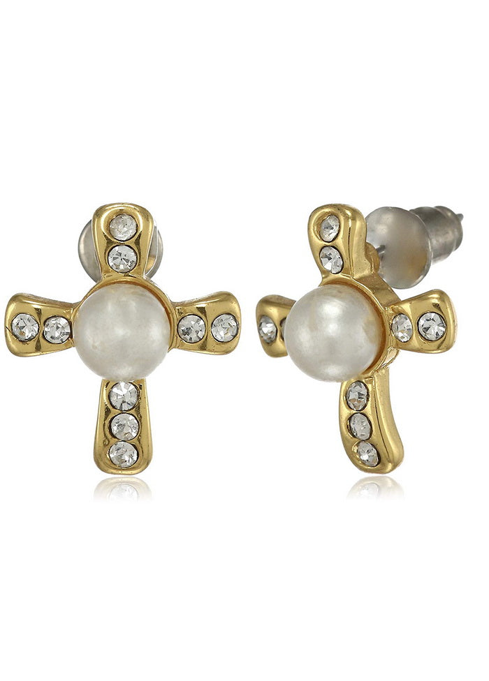 Estele 24 Kt Gold Plated Four petal pearl Stud Earrings - Indian Silk House Agencies