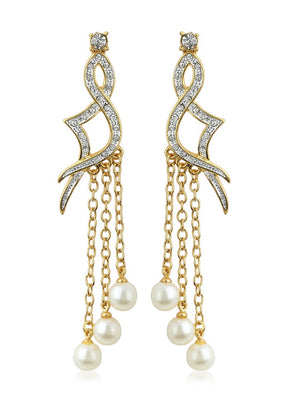 Estele 24Kt Gold and Silver Plated Long Earrings with White Faux Pearls - Indian Silk House Agencies