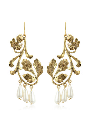 Estele 24Kt Gold plated Leafy modal Pearl Drop Earrings - Indian Silk House Agencies