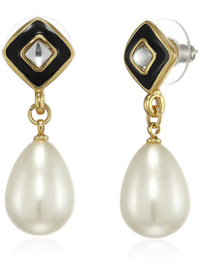 Estele 24 Kt Gold Plated Diamond black enamel Pearl Drop Earrings - Indian Silk House Agencies