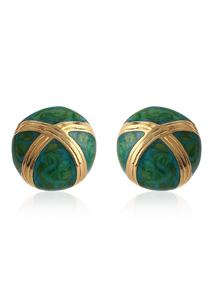 Estele Emerald Green Colour Enamel 24KT Gold Plated Non Precious Metal Round Stud Earrings for Women - Indian Silk House Agencies