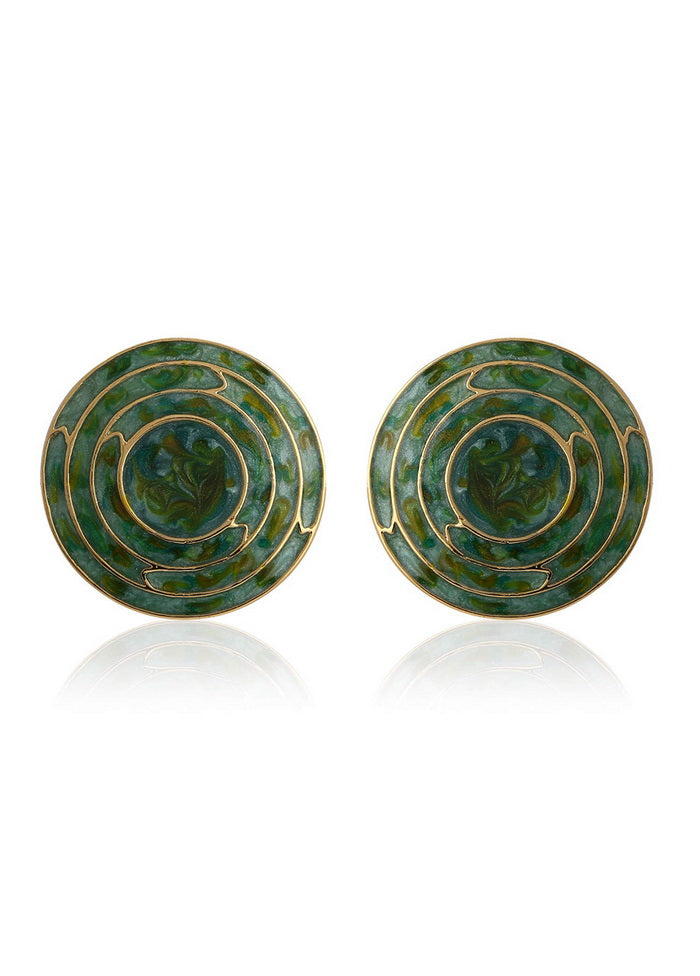 Estele 24 Kt Gold Plated Green Enamel Concentric button Stud Earrings - Indian Silk House Agencies