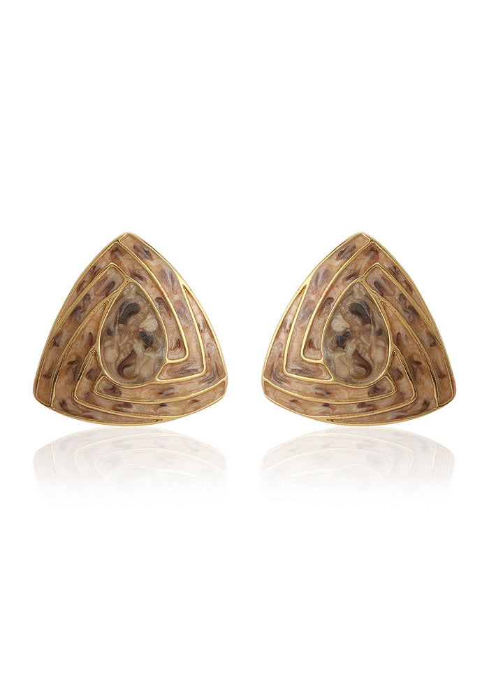 Estele 24Kt Gold Plated Triangle Shaped Stud Earrings with Beige Enamel for Women - Indian Silk House Agencies