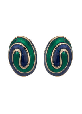 Estele 24 Kt Gold Plated blue green enamel swirl oval Stud Earrings - Indian Silk House Agencies