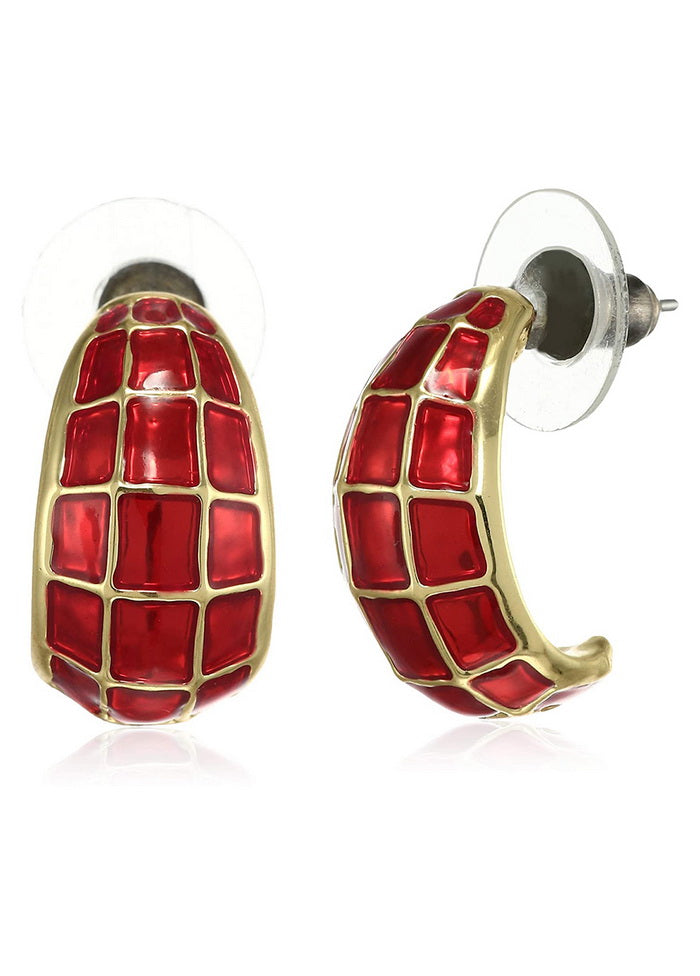 Estele 24 Kt Gold Plated Red enamel checkered Stud Earrings - Indian Silk House Agencies