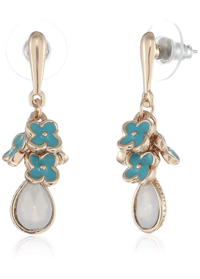 Estele Aqua coloured rose gold plated flower charms hanging earrings for women - Indian Silk House Agencies