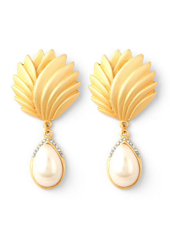 Estele White Imitation Gold Tone Plated Palm Pearl Drop Earrings with Austrian Crystal for Women - Indian Silk House Agencies