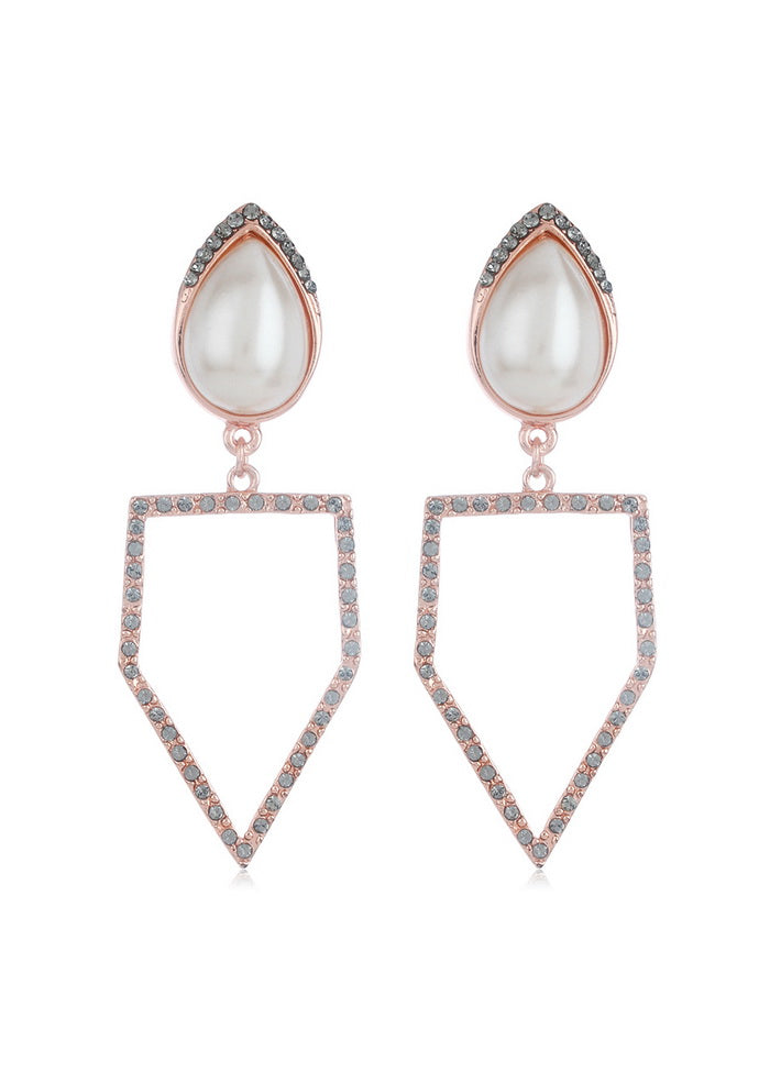 Estele Imitation Rose Gold Tone Plated Pearl Dangling White Austrian crystal Earrings - Indian Silk House Agencies