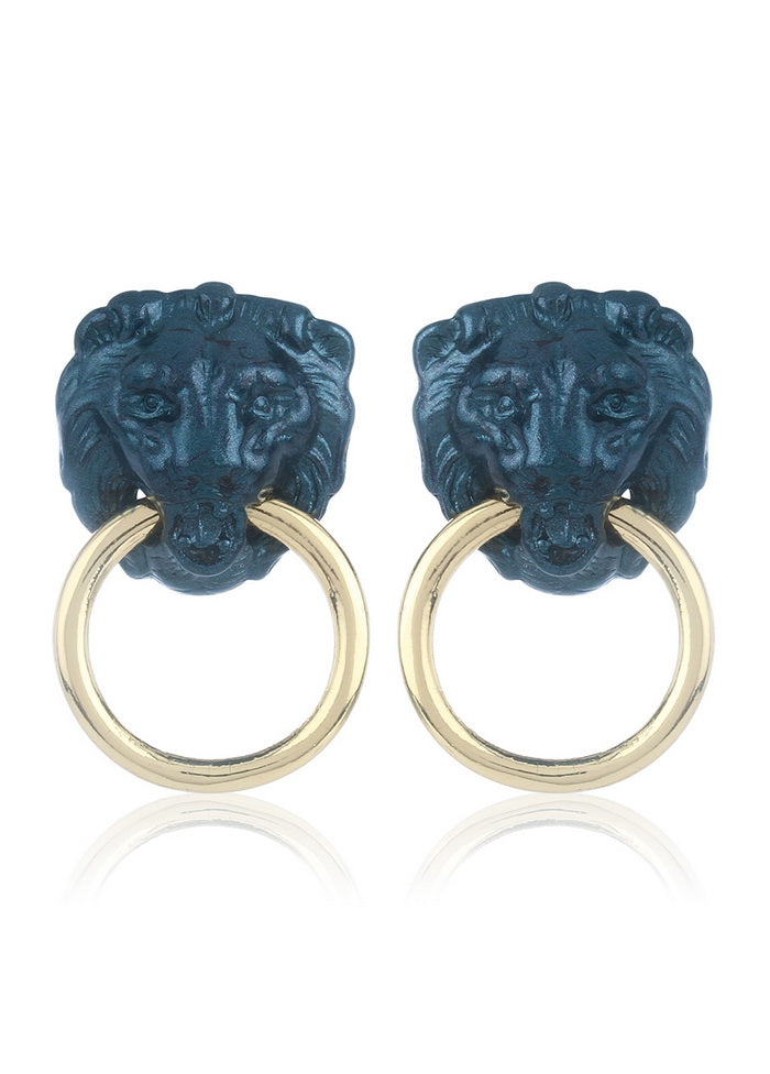Estele 24 Kt Gold Plated Designer Black Lion head with gold ring Stud Earrings For Women - Indian Silk House Agencies