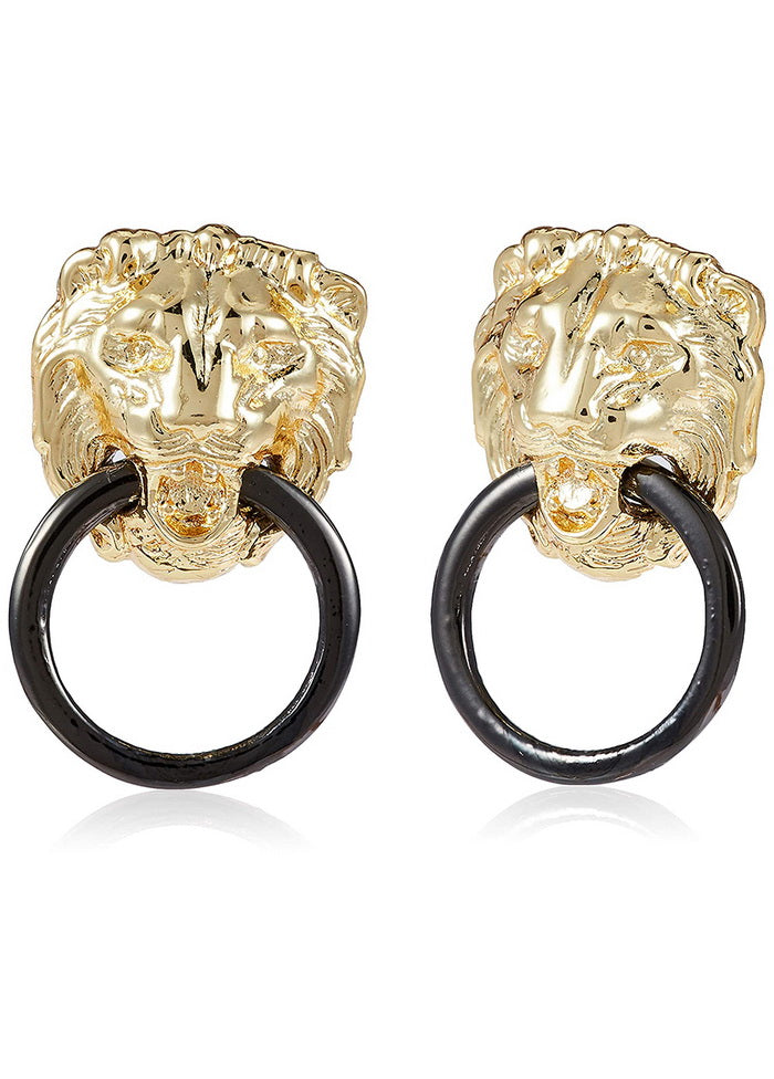 Estele 24 Kt Gold Plated Designer Lion black ring Stud Earrings - Indian Silk House Agencies