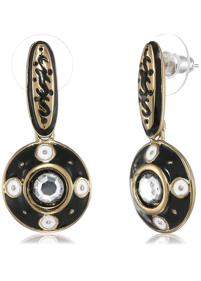Estele Gold Tone Black Enamel Round Kundan Drop Earrings - Indian Silk House Agencies