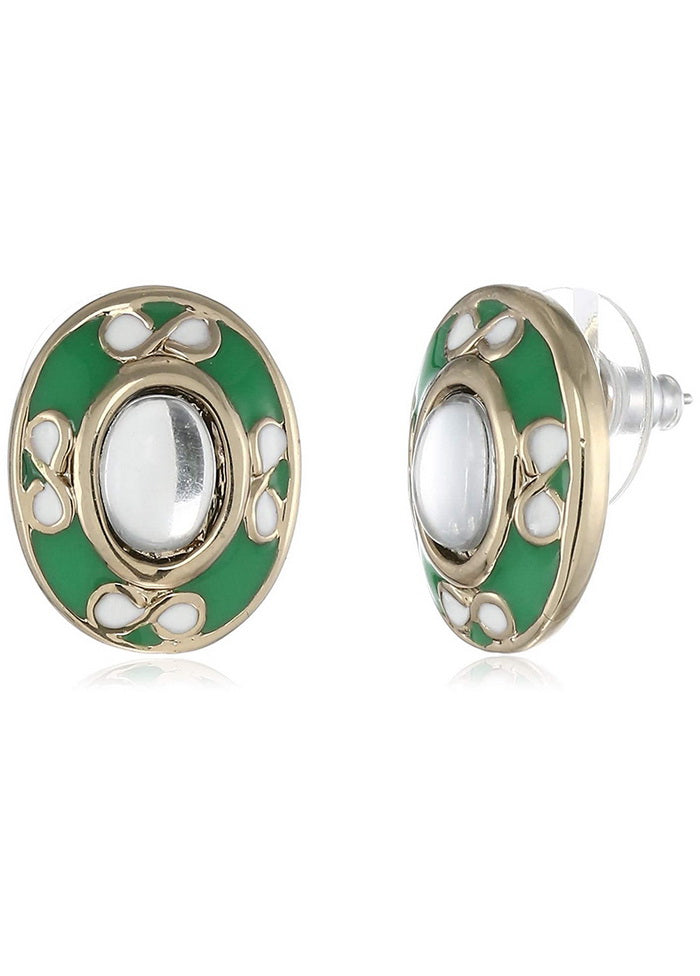 Estele Non Precious Metal 24 Kt Gold Plated Green Enamel Oval kundan Stud Earrings for Girls Womens - Indian Silk House Agencies