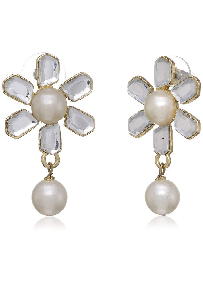 Estele mirror white kundan flower with white pearl drop earrings for women - Indian Silk House Agencies